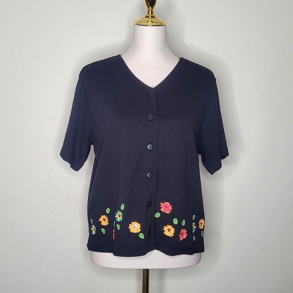 Vtg‎ Bechamel Petites Black Short Sleeve Cardigan Top Floral Sequin Applique PL - Picture 1 of 7
